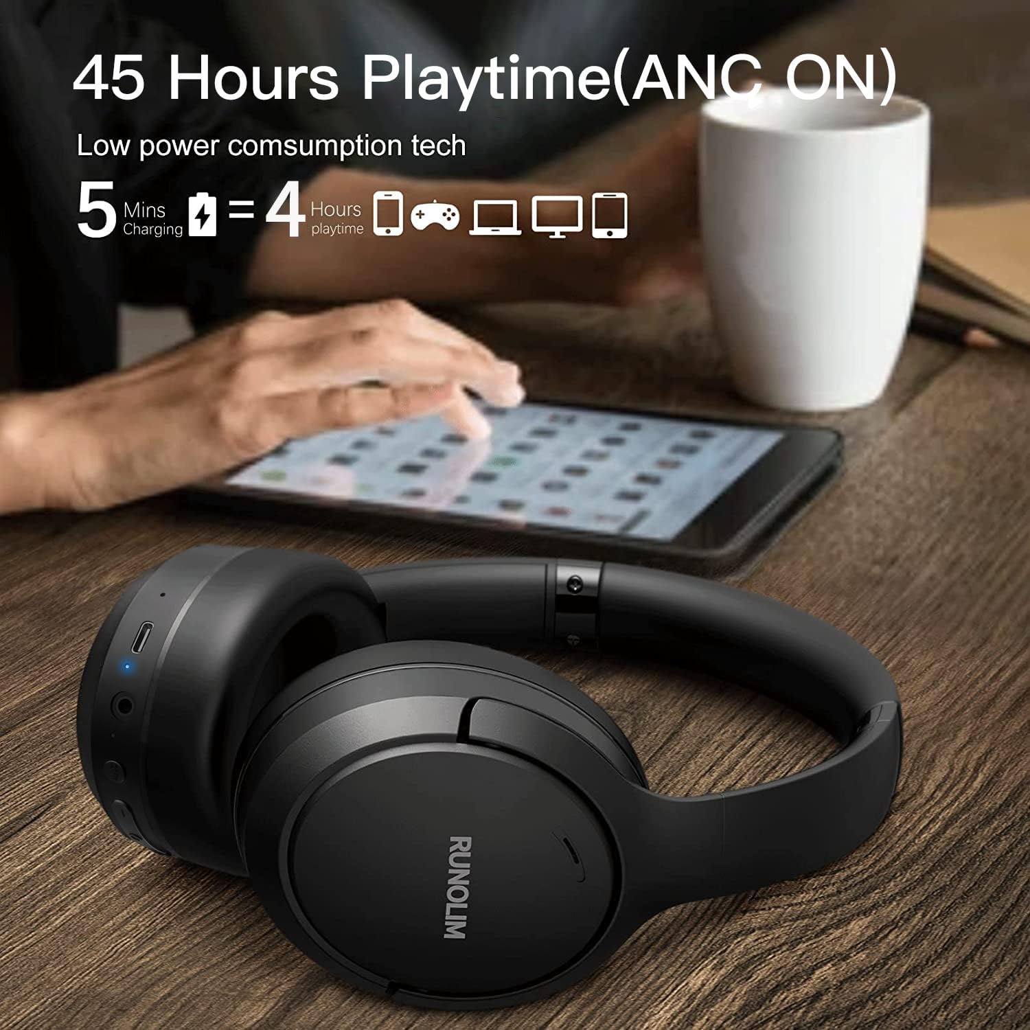 Hybrid Active Noise Cancelling Wireless Bluetooth Headphones